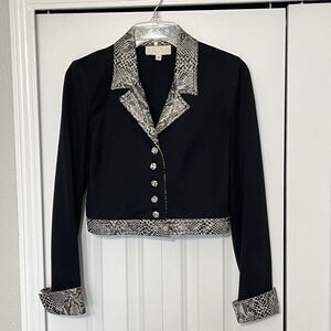 Cache Vintage Y2K Jacket Blazer Womens 4 Black Snakeskin Trim Cropped Party Work